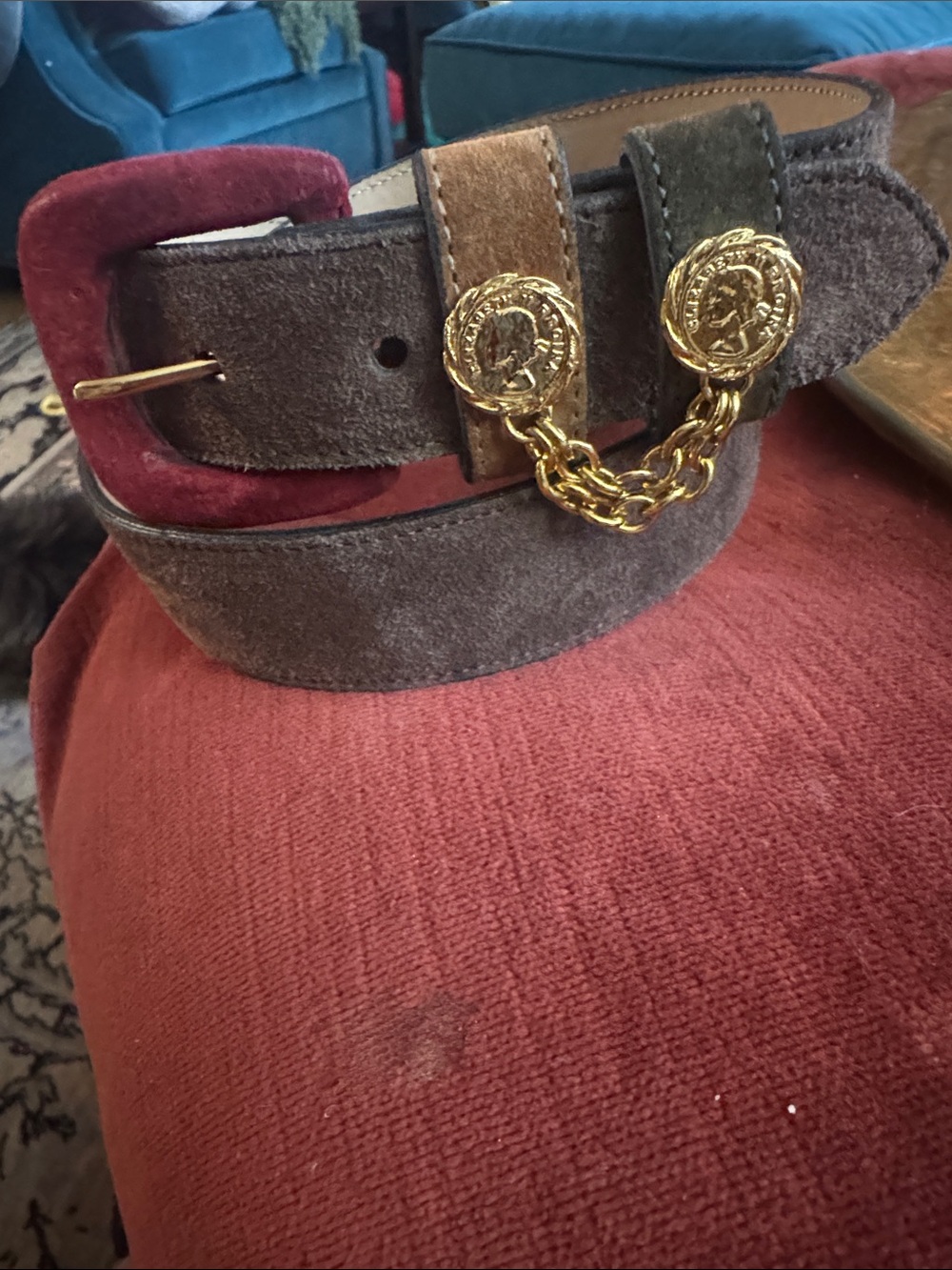 Talbots Suede Two-Tone Belt with Gold Coin Chain — Brown and Maroon